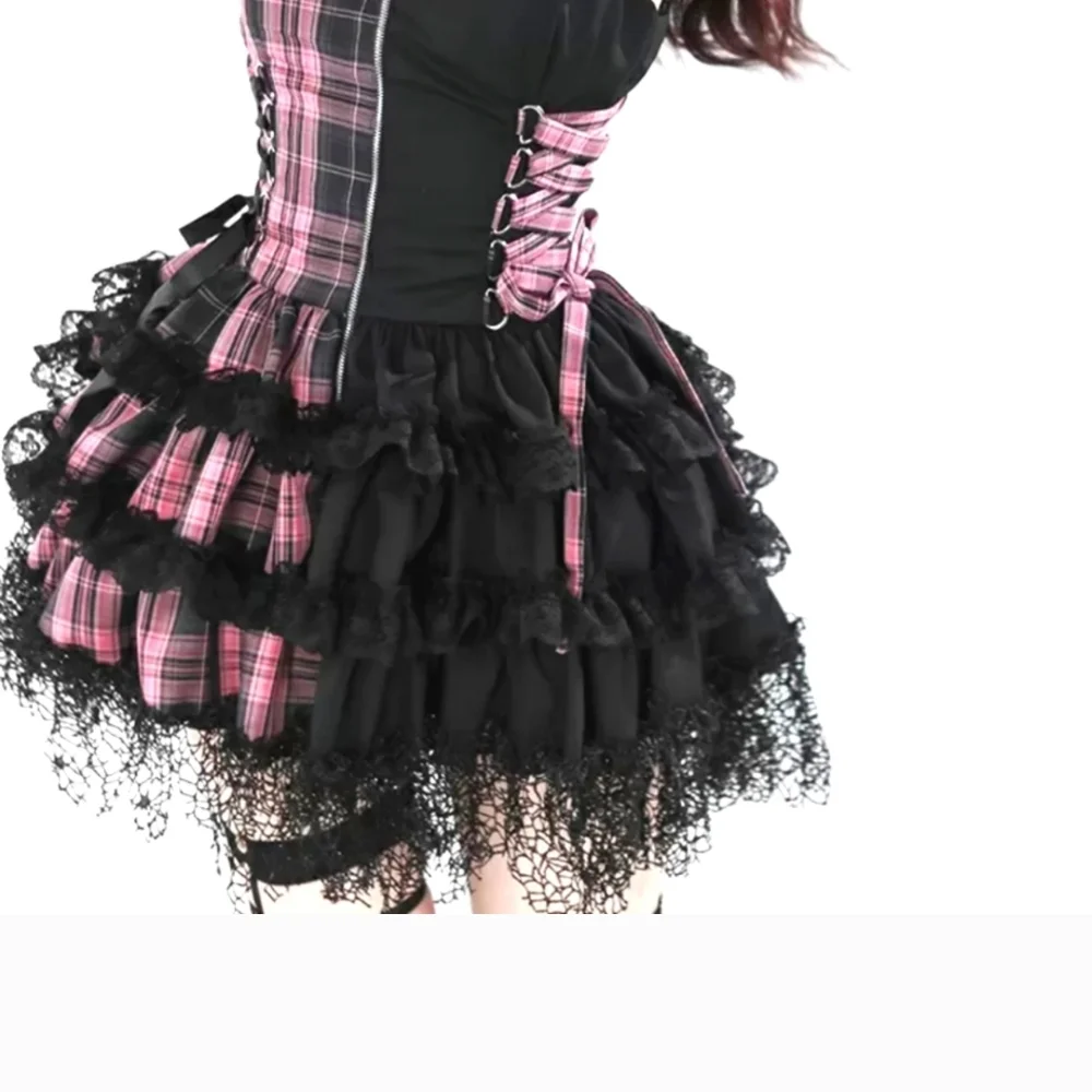 Pink Plaid & Solid Black Cute Punk Dress w/ Layered Lace Skirt & Front Zipper - Picture 2 of 6